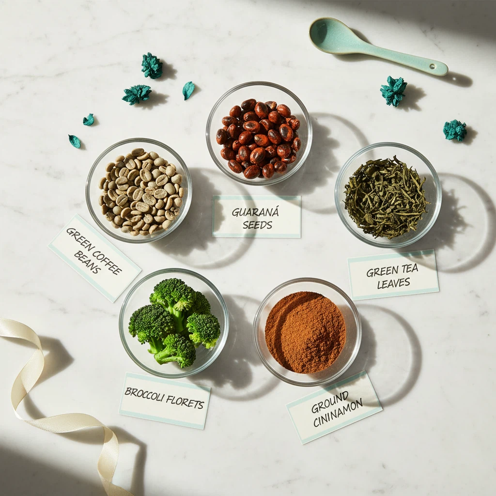 Flat-lay of green coffee beans, guaraná seeds, green tea leaves, broccoli and cinnamon - plant extract coffee supplement ingredients